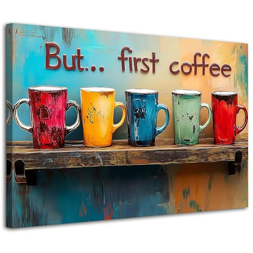 But First Coffee Canvas Wall Art Colorful Kitchen Wall Decor Rustic Abstract Coffee Cups Picture Prints for Dining Room Decorations Colorful Mug Poster Painting Artwork Home Coffee Bar Decor 12x16” | Amazon (US)