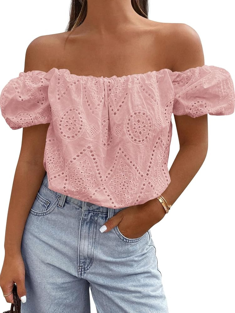 PRETTYGARDEN Women's Summer Off The Shoulder Tops 2026 Dressy Casual Puff Short Sleeve Embroidere... | Amazon (US)