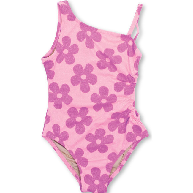 Retro Daisy Shimmer One Shoulder One-Piece Swimsuit, Pink | Maisonette