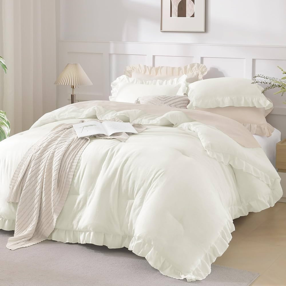 Andency Ivory Comforter Full Size, 3 Pieces Solid Farmhouse Shabby Chic Ruffle Bedding Sets, All ... | Amazon (US)