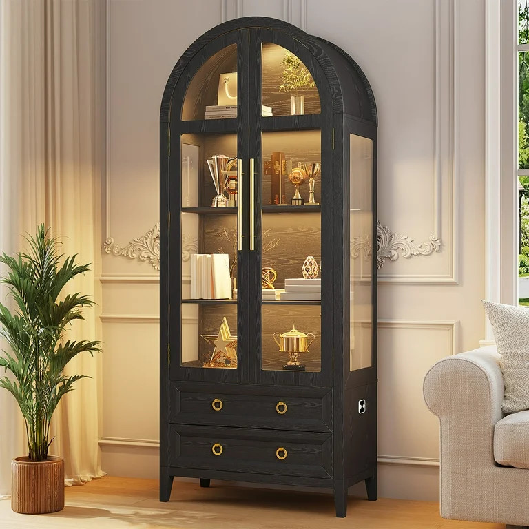VKCC 70.8" Storage Cabinet with LED, Arched Glass Door & Drawers, Vintage Curio Display Bookcase ... | Walmart (US)