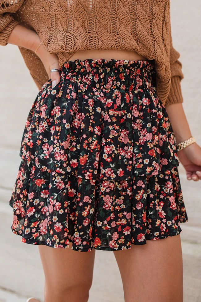 Summer Breezy Black Floral Tiered Skort | Pink Lily