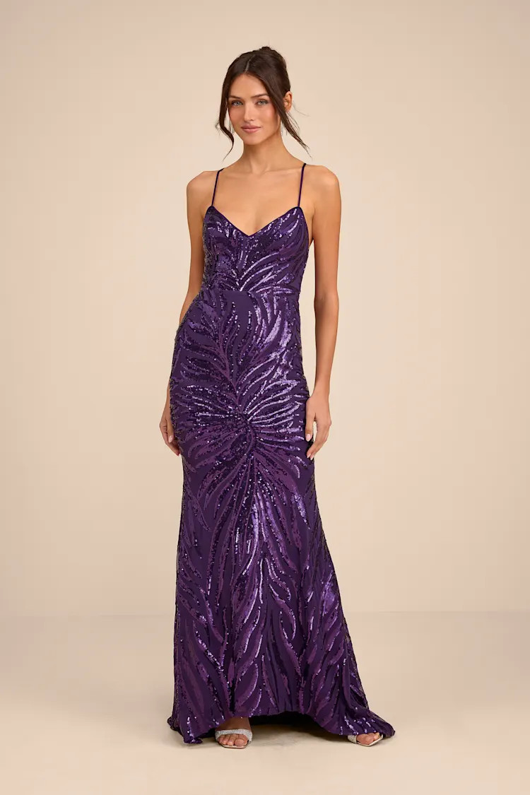 Sparkle 'til Dawn Dark Purple Sequin Lace-Up Mermaid Maxi Dress | Lulus