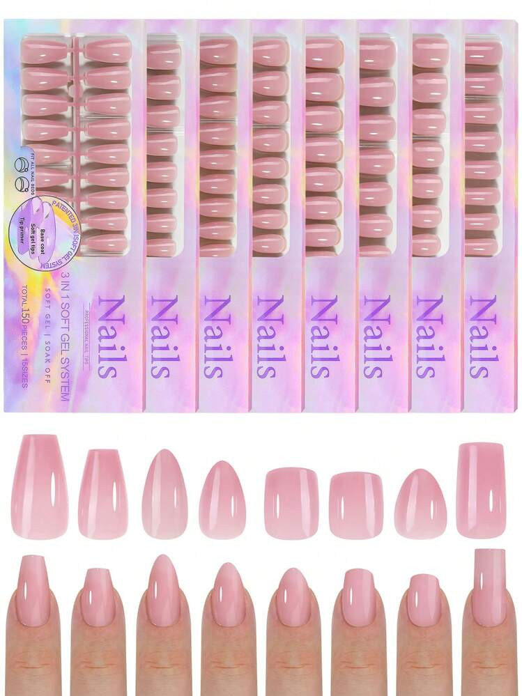 150Pcs Charming Nude Color Full Cover False Nail Tips Almond Square Coffin Press On Nails Semi-Product Seamless Fake Nails For Women/Girls' Daily Home DIY Nail Art Design Nail Supplies | SHEIN