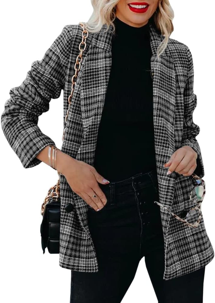 Taodou Women's Casual Blazers Woolen Plaid Blazer Lapel Long Sleeve Button Pocket Jackets Coat | Amazon (US)