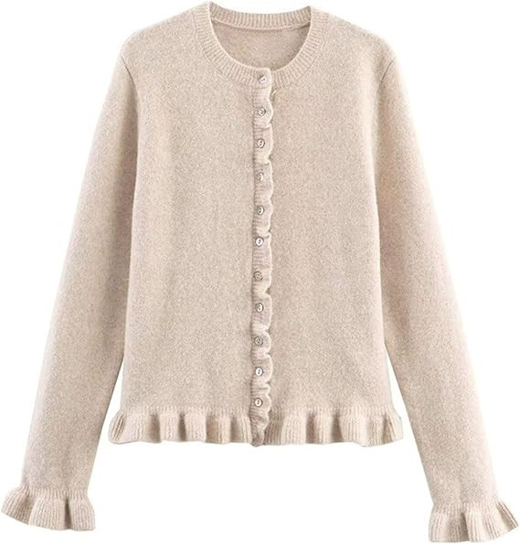 FindThy Women’s Cropped Cardigan Sweater Trendy Crewneck Ruffle Long Sleeve Button Down Knitwea... | Amazon (US)