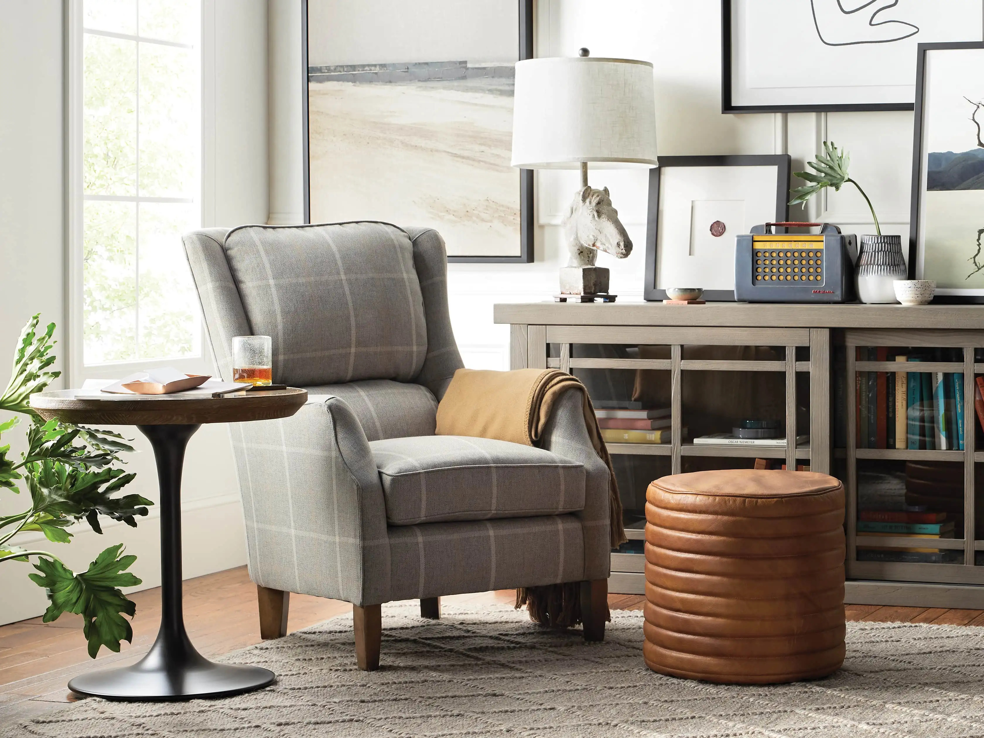 Round Channel Leather Pouf | Arhaus