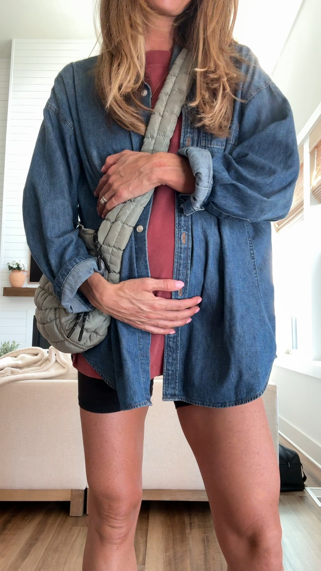 Mom outfit while pregnant today
Medium in button up but runs oversized and i got for height
Medium tall in tee (runs oversized)
Sized up to large in shorts for pregnancy 

#LTKBump #LTKmomlife #LTKootd