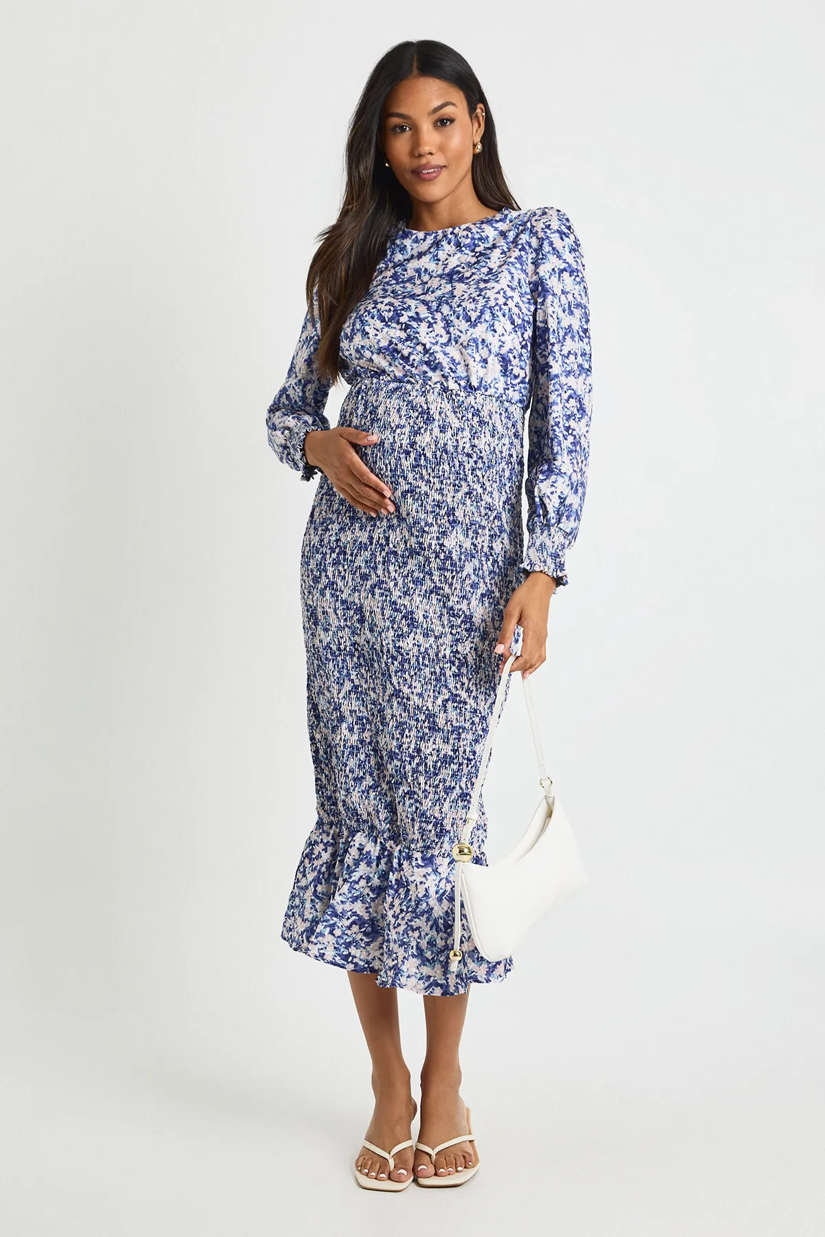 Maternity Floral Shirred Frill Hem Midi Dress | boohoo (US & Canada)
