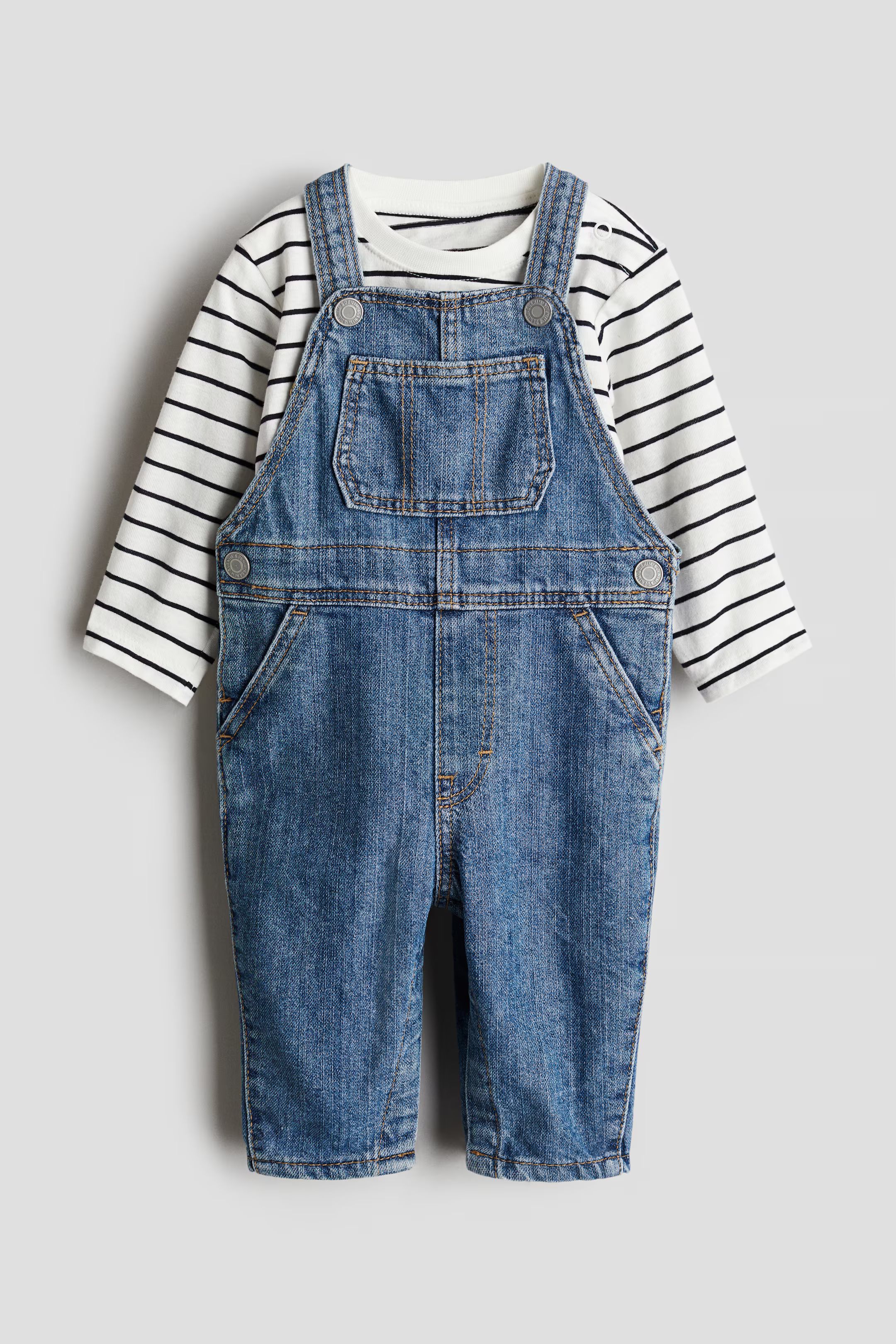 2-piece Shirt and Overall Set - Round Neck - Long sleeve - Denim blue/black striped - Kids | H&M ... | H&M (US + CA)