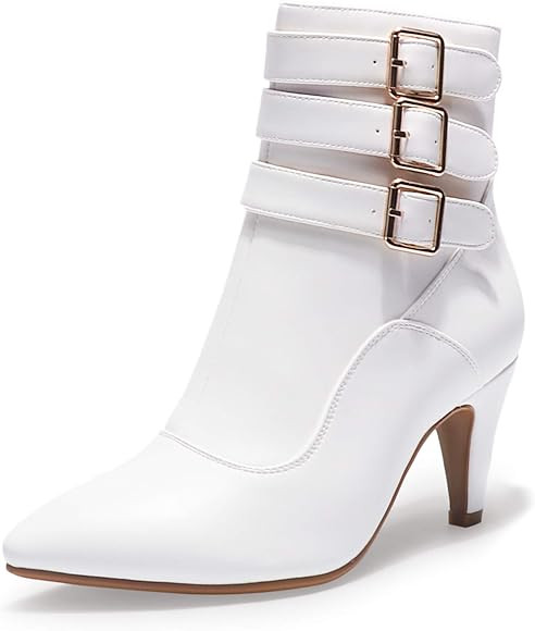 IDIFU Women's Buckle Strap Ankle Booties 3 Inch Pointed Toe Zipper Heels Dress Jeans Boots | Amazon (US)