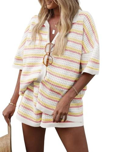 Saodimallsu Womens Striped Pajama Sets Short Sleeve Color Block Crochet Knit Button Top and Short... | Amazon (US)