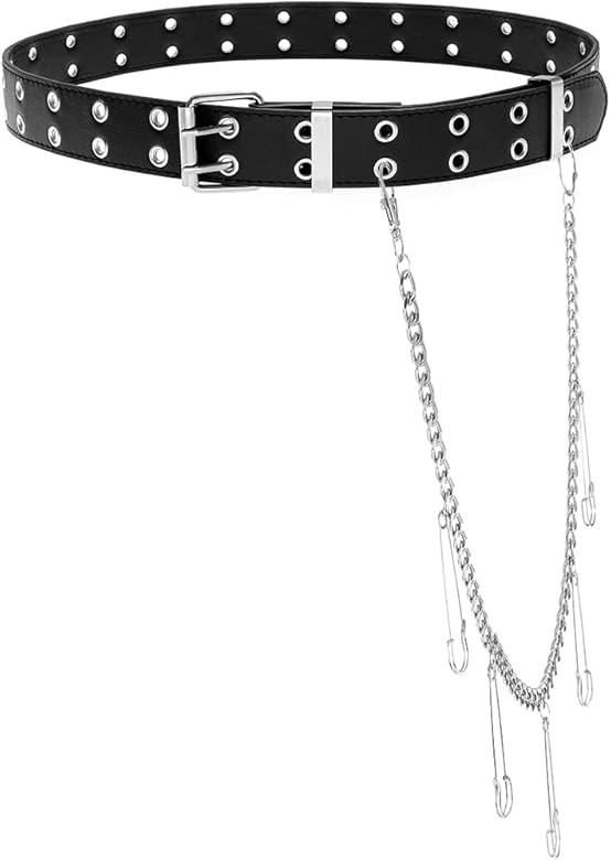 Jemiwa Grommet Leather Belt with Detachable Chain Punk Aesthetic Waist Belt Rock Style Jeans Belt... | Amazon (US)