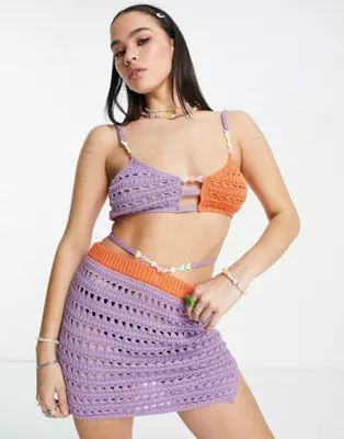 ASOS DESIGN crochet mini skirt and bralette set with beads in lilac | ASOS | ASOS (Global)