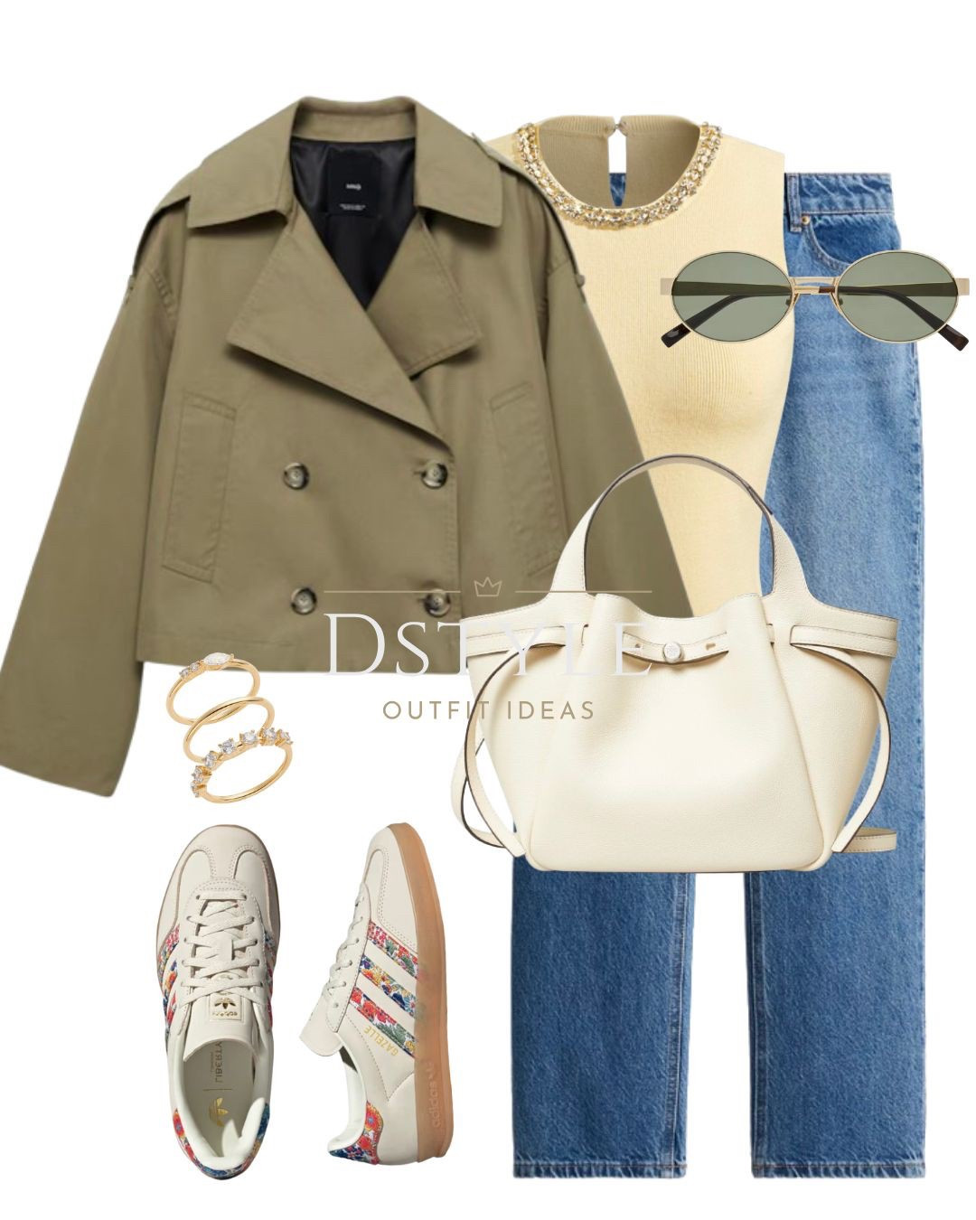 Khaki cropped trench coat, yellow knit top, straight jeans, light cream bag, YSL light gold and green sunglasses, Adidas Gazelle Indoor x Liberty London shoes 

 

#LTKFindsUnder50 #LTKStyleTip #LTKShoeCrush