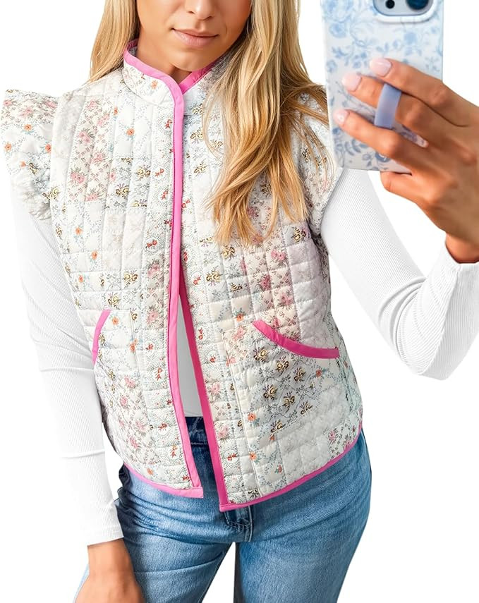 Tankaneo Womens Puffer Vest Ruffle Sleeveless Floral Printed Cropped Quilted Vest Lightweight Pad... | Amazon (US)