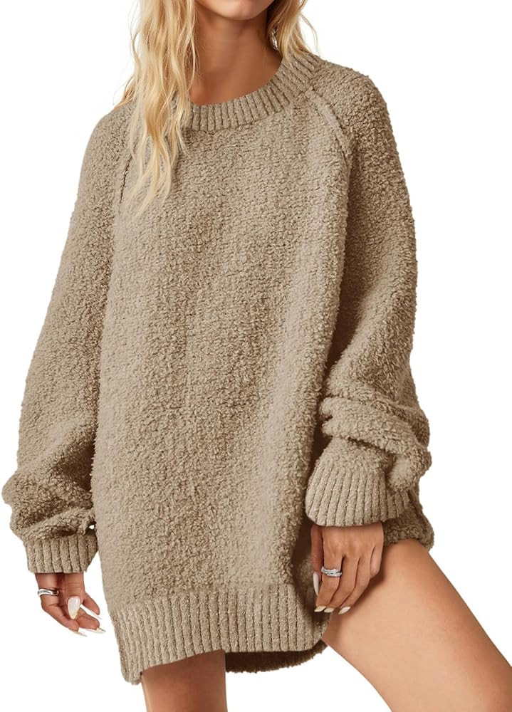 Saodimallsu Womens Oversized Sweater 2025 Fall Trendy Fuzzy Crew Neck Long Sleeve Casual Tunic Sw... | Amazon (US)