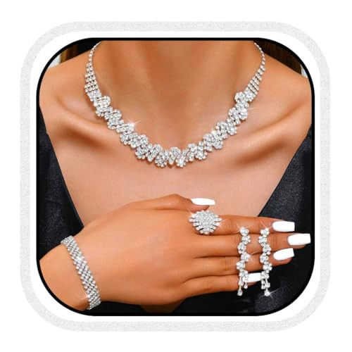Unicra Rhinestone Bridal Wedding Jewelry Set Silver Necklace Earrings Bracelet Ring Sets Prom For... | Amazon (US)