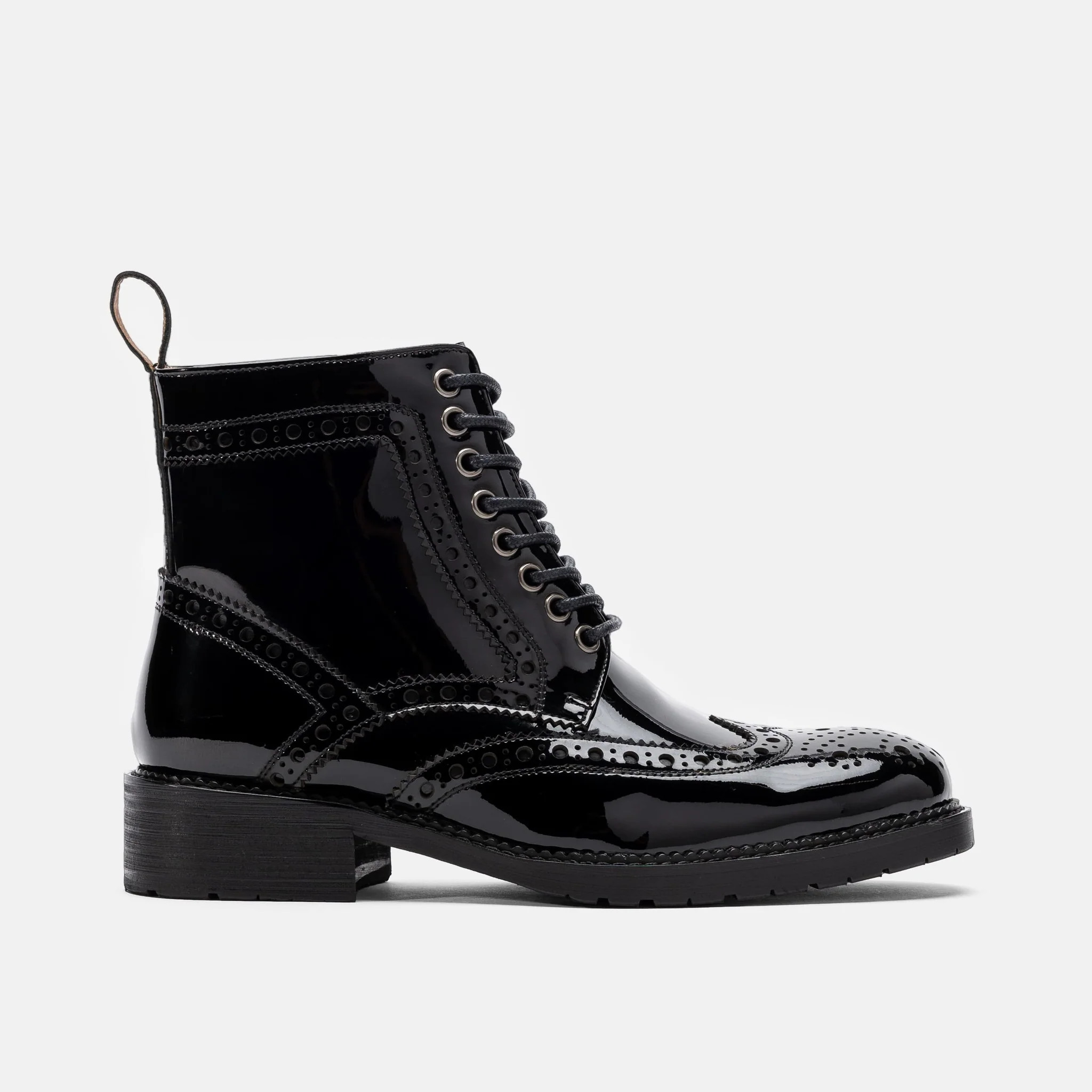 Ms. Belmont Black Patent Leather Wingtip Boots | Marc Nolan