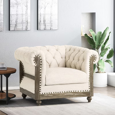 GDFStudio Alejandro Chesterfield Tufted Fabric Club Chair with Nailhead Trim, Beige | Target