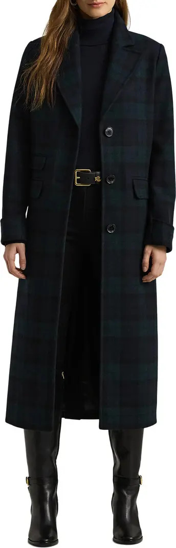 Lauren Ralph Lauren Reefer Plaid Longline Wool Blend Coat | Nordstrom | Nordstrom