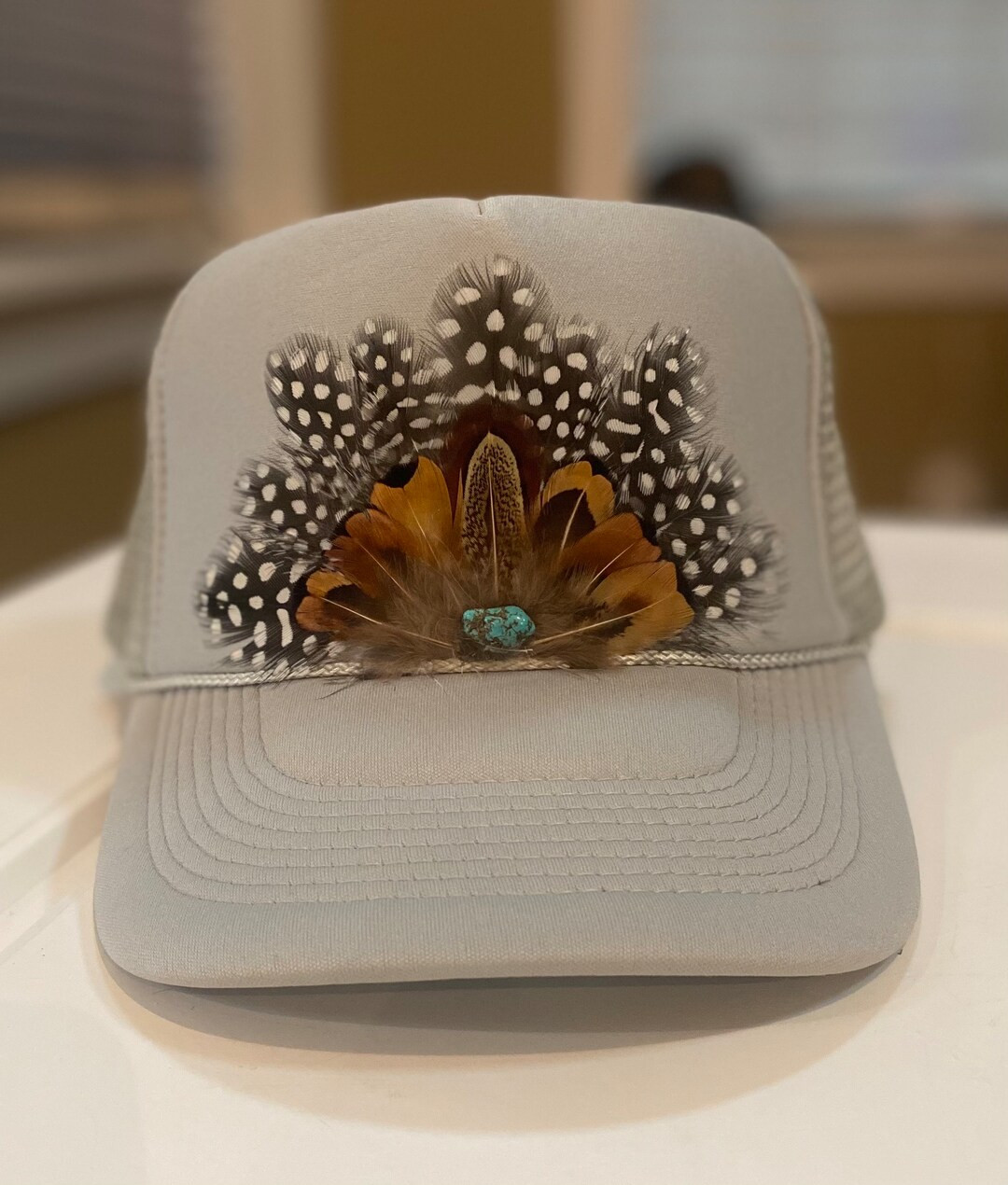 FEATHER Trucker Hat in GRAY.    Design by Cowhide Rustics | Etsy (US)