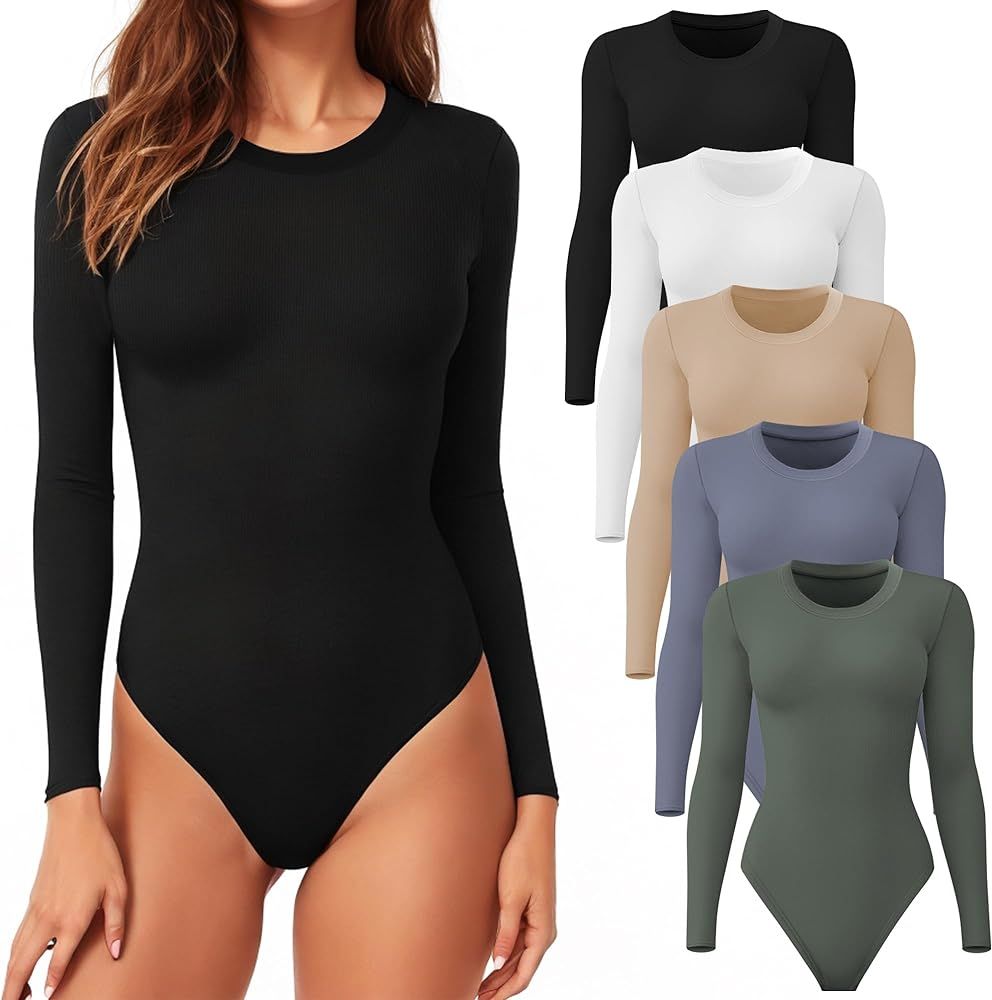 CE' CERDR 4/5 Pack Long Sleeve Bodysuit for Women Round Neck Casual Stretchy Basic Shirts Crew Ne... | Amazon (US)