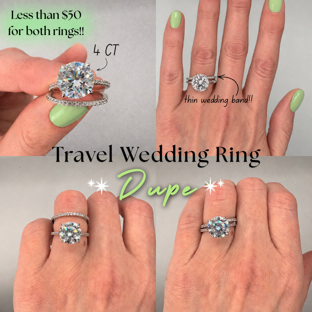 My FAVORITE Travel Wedding Ring Dupes!!! I wear these EVERYWHERE.

If you’ve ever been scared to travel with your real ring… this is the BEST dupe I’ve found.

Because most “travel rings” either look fake… or don’t match your actual set.
This one?? I was shocked.

I went through a ton of options and these are the ones that actually made the cut — and they match my real diamond rings almost perfectly.

This is THE travel wedding ring dupe.

What makes this set so good:
• 4CT CZ solitaire that looks insanely realistic (not cloudy, not dull)
• Thin wedding bands (so hard to find!!) that actually mimic real stacks
• Sparkle is VERY close to real diamonds in natural light
• 925 sterling silver + gold plating → doesn’t look cheap
• Comfortable, lightweight, easy everyday wear

The combo:
• CZ Engagement Ring (round/oval/pear options)
• PAVOI thin stackable eternity band

Together = that real ring look without the risk

Why you NEED a travel ring:
Vacations, beach days, cruises
Pool, spa, gym, everyday errands
Situations where losing your real ring would be devastating
Peace of mind while still looking put together

And the best part…
both rings are under $50 total.

No stress, no risking your real set — but still getting compliments like it is your real set.

I did the digging for you — this is the closest dupe I’ve found that actually passes.

If you’ve been putting off getting a travel ring… this is your sign.

↓ Everything is linked!

#LTKActive #LTKSaleAlert #LTKTravel