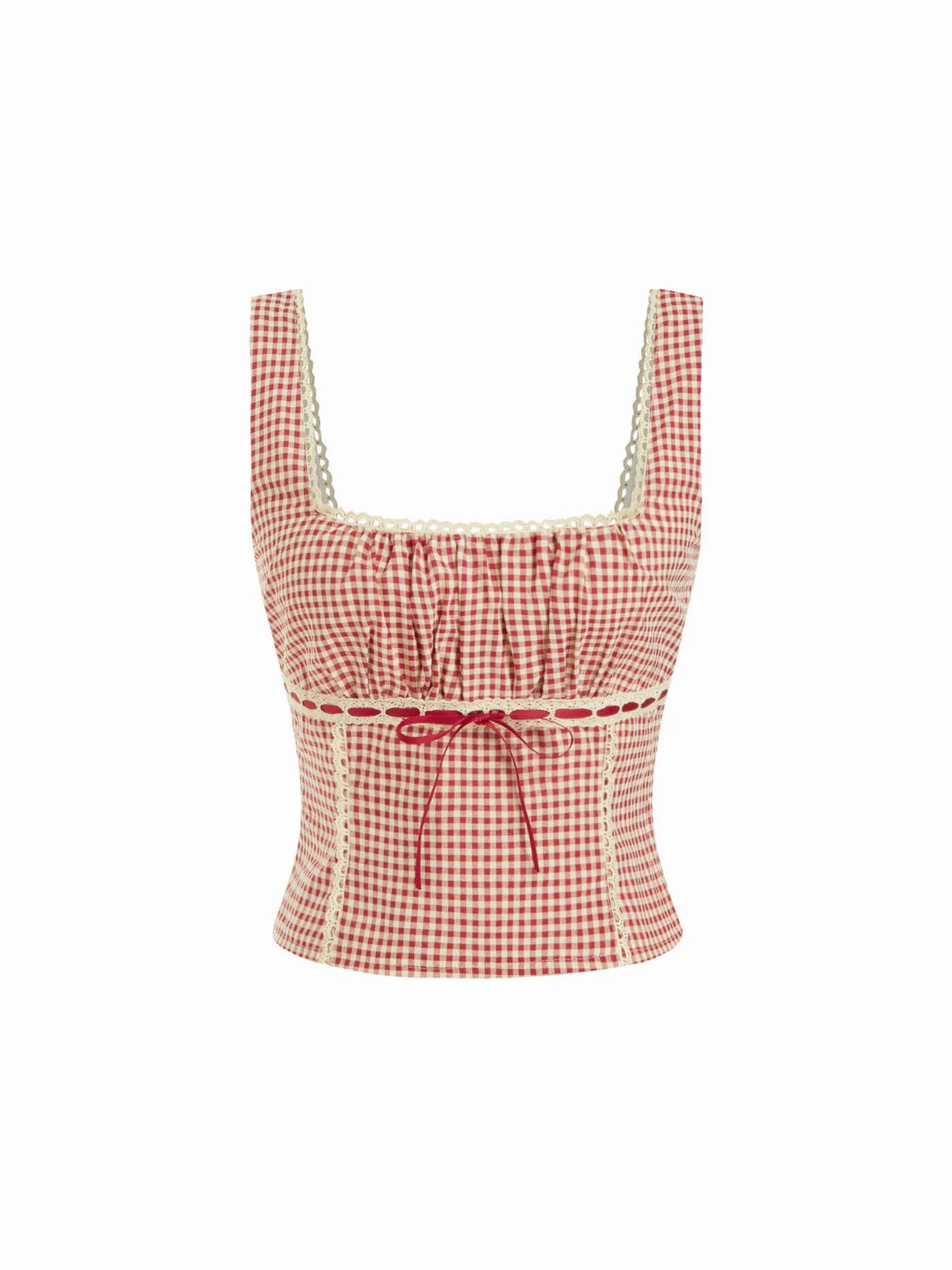 Woven Gingham Square Neck Ruched Corset Tank Top For Daily Casual Picnic | Cider