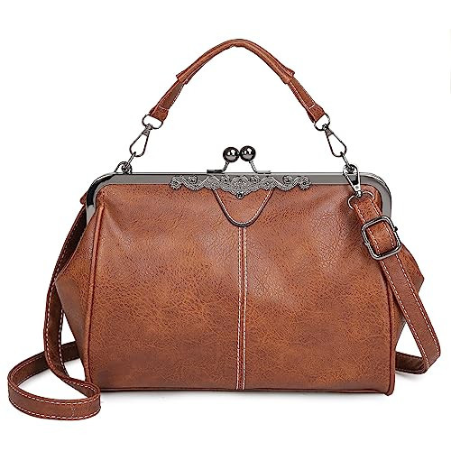 Women Kiss Lock Vintage Handbags for Women Oil Leather Evening Clutch Satchel Purse Tote, B-Brown | Amazon (US)