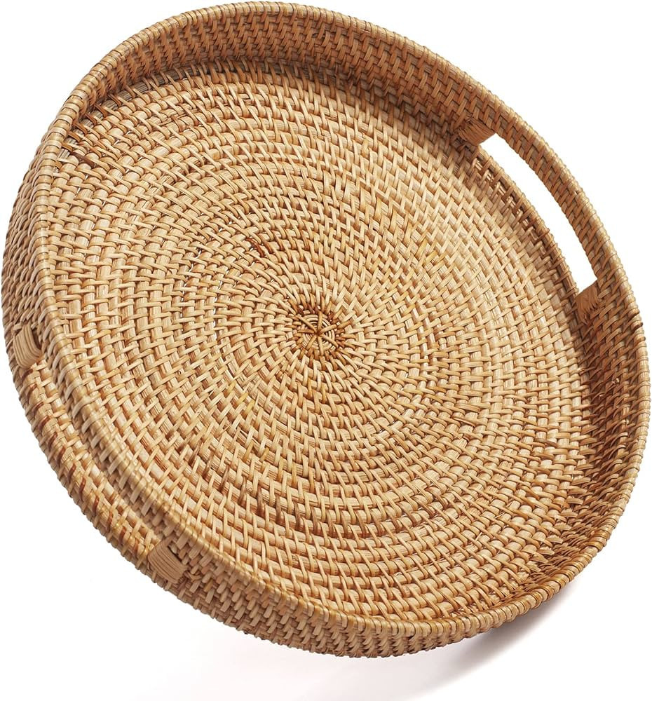DECRAFTS Round Rattan Serving Tray Decorative Woven Ottoman Trays with Handles for Coffee Table N... | Amazon (US)