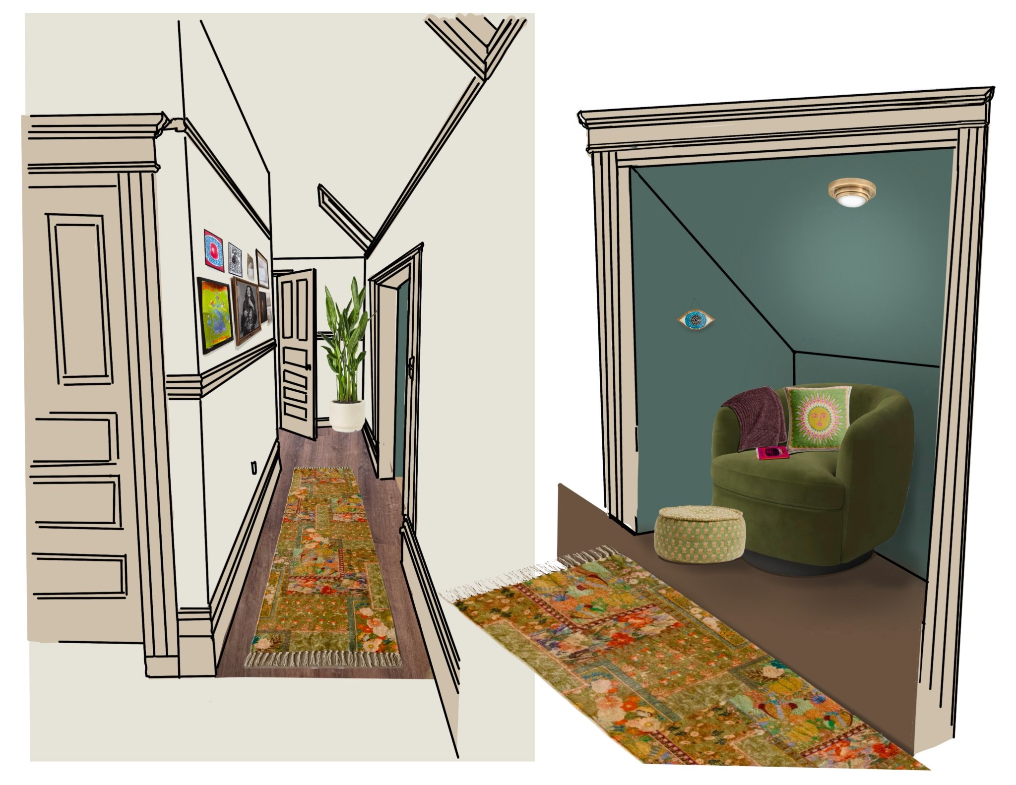 Bed & Breakfast entryway and hallway for a vibrant Victorian getaway. Clients want a unique, eclectic and colorful vibe in this historic guest home near the Haight district in San Francisco. A bohemian Victorian with a bit of a psychedelic history calls for bold, unique decor!

Upon entry, guests are greeted with a colorful doormat, hooks to hang their purse/bag, an easy to reach lamp and a bowl for keys. A welcome sign and a binder with more information helps them settle in. 

Down the hall, the charming reading nook might be everyone’s favorite place to chill. Comfy swivel chair, tarot sun pillow, a warm knit blanket, and a foot stool ottoman. Cuddle up with a good book about the area. 

The hallway has a multicolored rug and playful art that represents the history of the house and the neighborhood. 