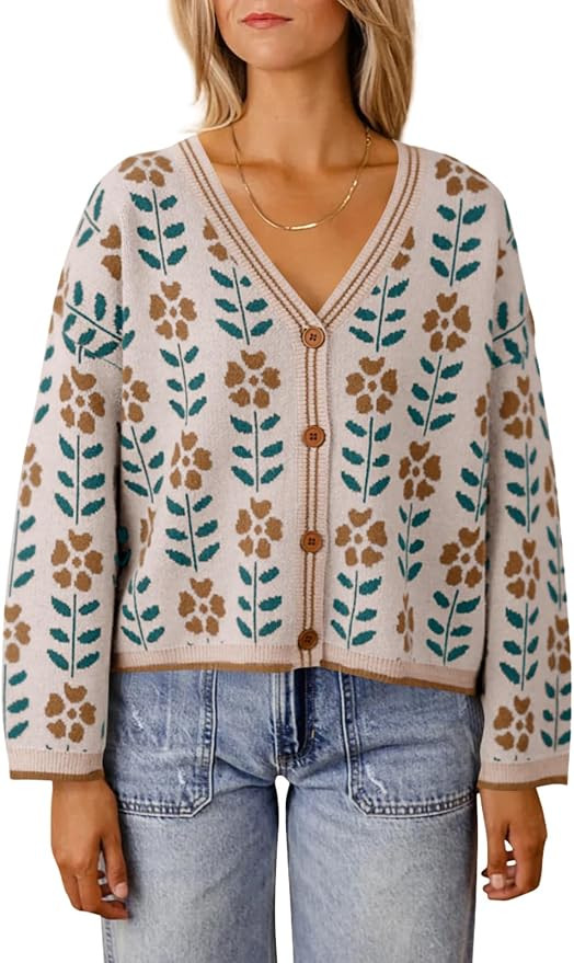 Saodimallsu Womens Floral Print V Neck Cardigan Open Front Button Down Knit Sweater Long Sleeve L... | Amazon (US)
