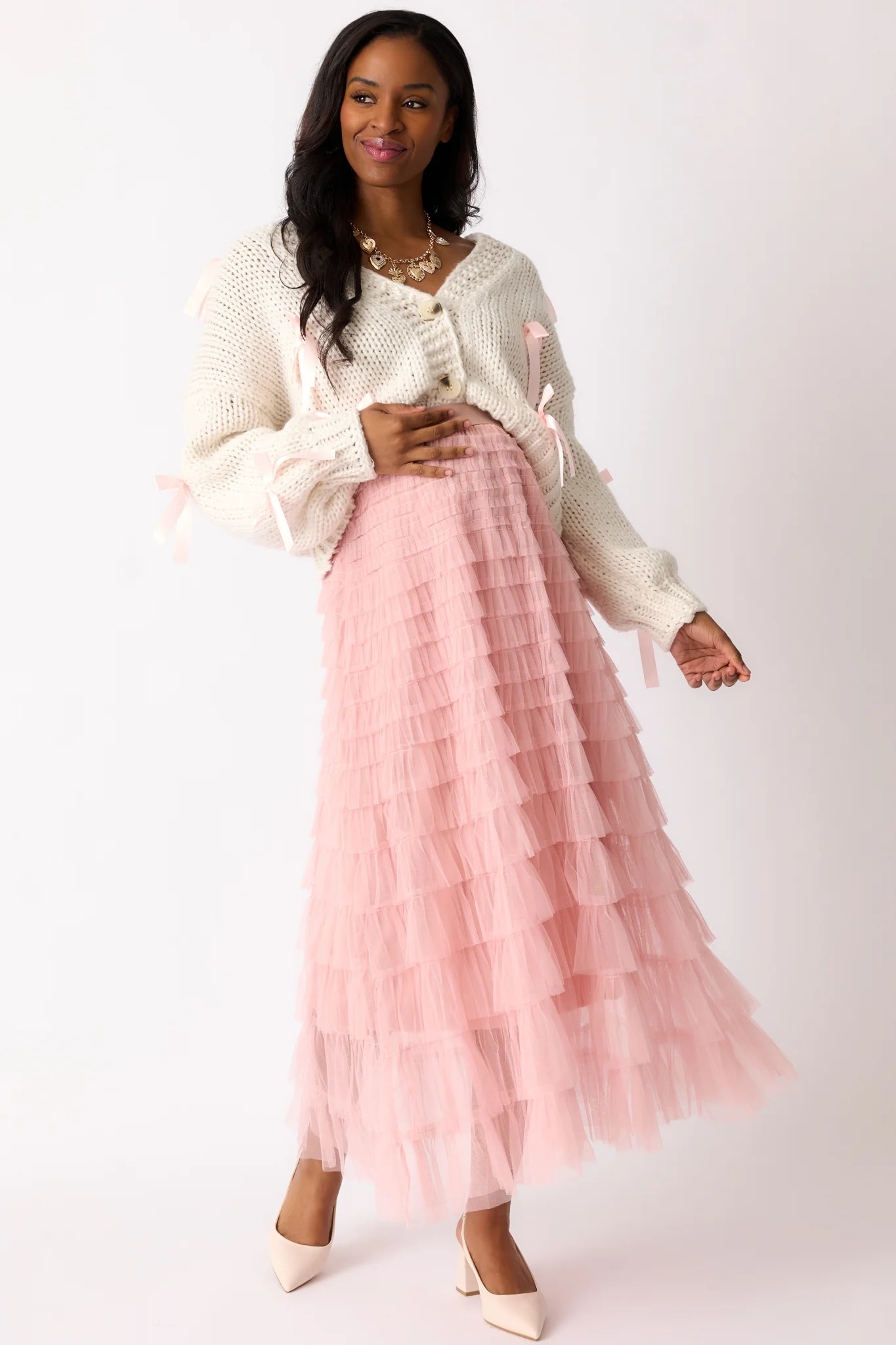 Garden Gathering Dusty Pink Tiered Ruffle Tulle Maxi Skirt | Red Dress