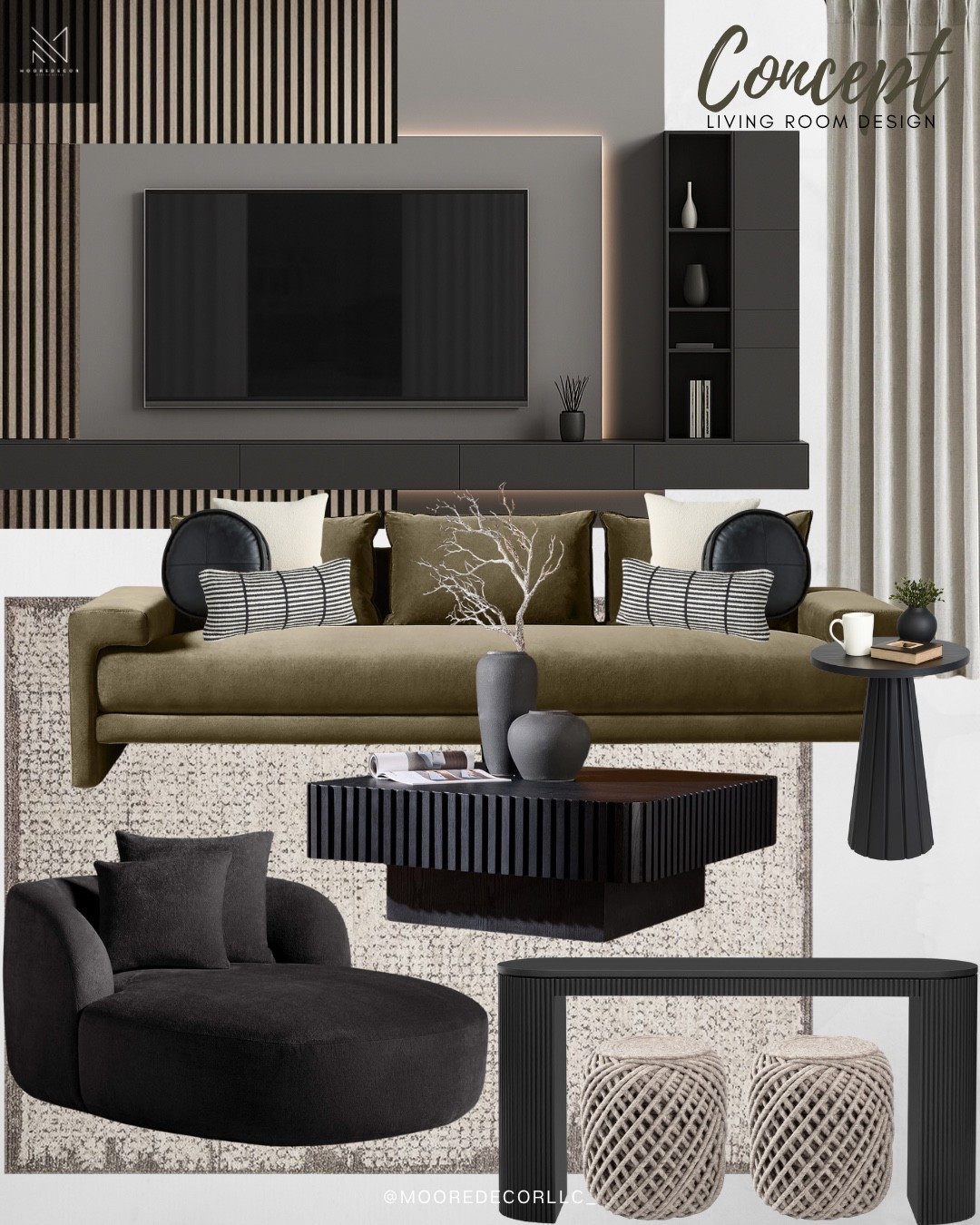 This modern organic living room concept design came together with such a calm and cozy vibe. I blended earthy textures with deep charcoal tones for a sleek, elevated feel. The fluted media wall adds subtle drama, while the velvet olive green sofa, sculptural black accent pieces, and boucle stools ground the space in style. This space is proof that neutral living room decor doesn’t have to be boring, it’s all about bold texture and contrast.

#LTKHome #LTKStyleTip