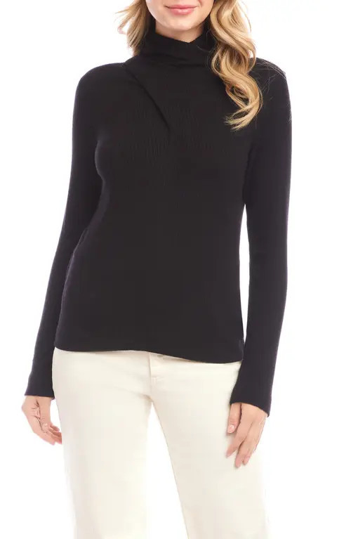 Karen Kane Rib Faux Wrap Turtleneck Top in Black at Nordstrom, Size Small | Nordstrom