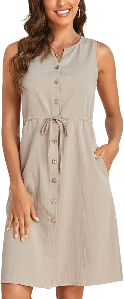 Sexyasasii Women's Summer V Neck Sleeveless Button Down Drawstring Elastic Waist Casual Dress with P | Amazon (US)