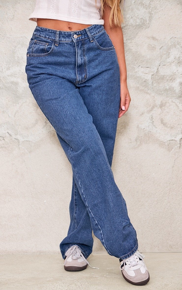 Mid Blue Wash Dipped Back Waistband Boyfriend Jeans | PrettyLittleThing UK