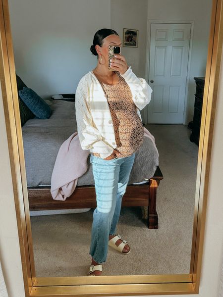 WORK OUTFIT

maternity tank - Walmart find and wearing a medium 

Maternity jeans - Abercrombie and I recommend sizing down ONE 

Spring sandal as - Birkenstocks and TTS 

Cardigan - amazon find and wearing a medium 

#LTKbump #LTKunder100 #LTKworkwear