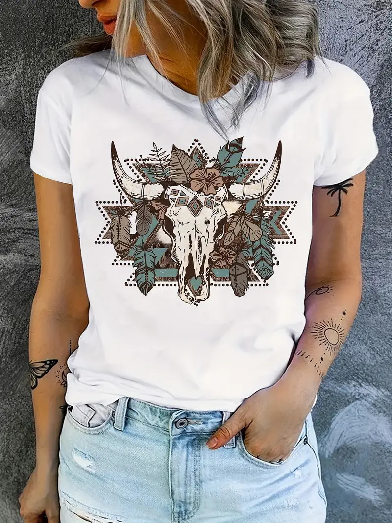 Bull Skull Print T shirt Short Sleeve Crew Neck Casual Top - Temu | Temu Affiliate Program