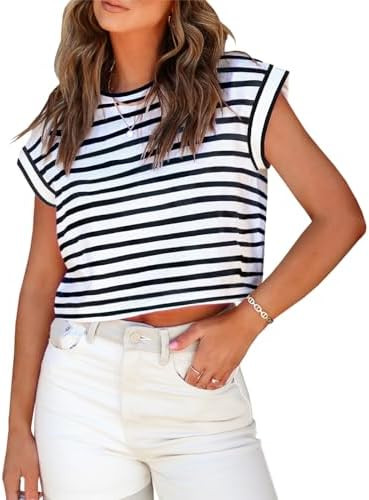 Tankaneo Womens Short Sleeve Cropped T-Shirts Summer Rolled Dolman Sleeve Crop Tops Casual Round ... | Amazon (US)