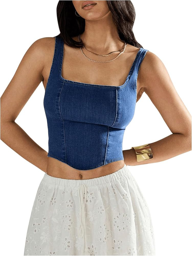 SHENHE Women's Denim Tank Top Sleeveless Square Neck Backless Slim Fit Y2k Crop Top | Amazon (US)