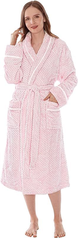 Women Plush Fleece Robe, Soft Textured Bathrobe, Lady Cozy Spa Long Robe | Amazon (US)