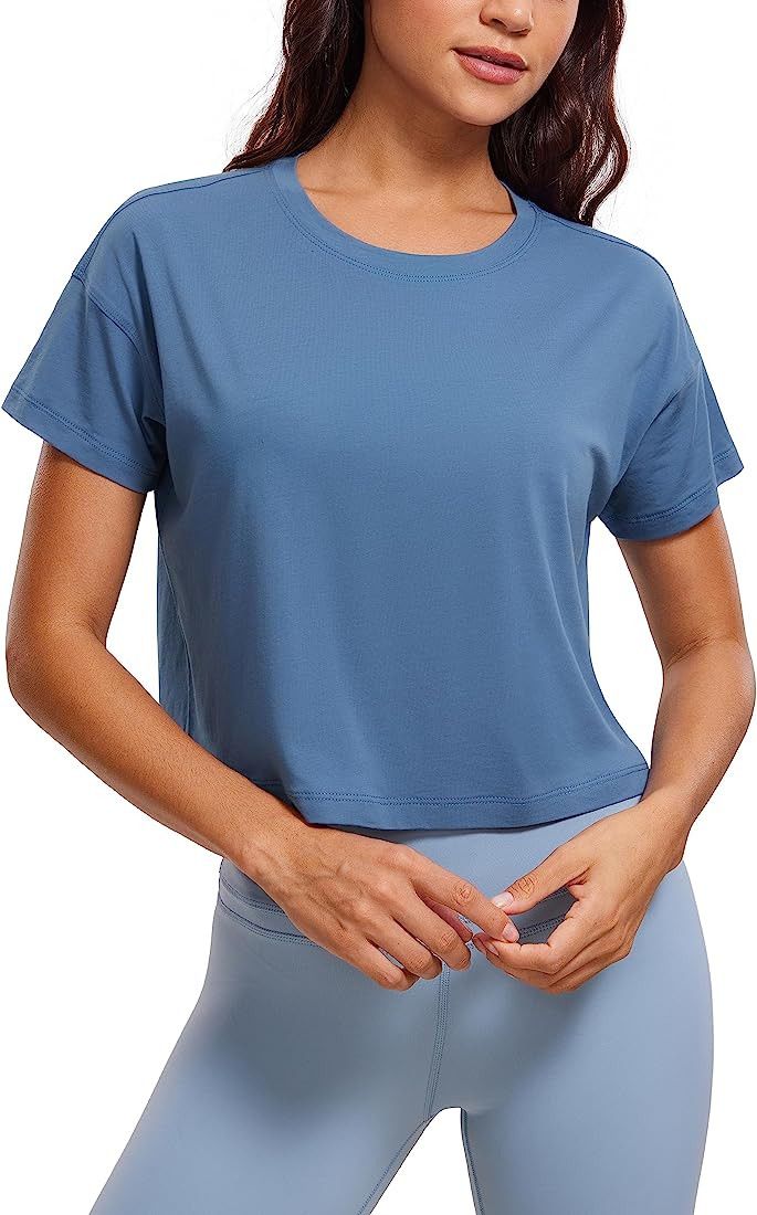 CRZ YOGA Women's Pima Cotton Workout Short Sleeve Shirts Loose Crop Tops Athletic Gym Shirt Casua... | Amazon (US)