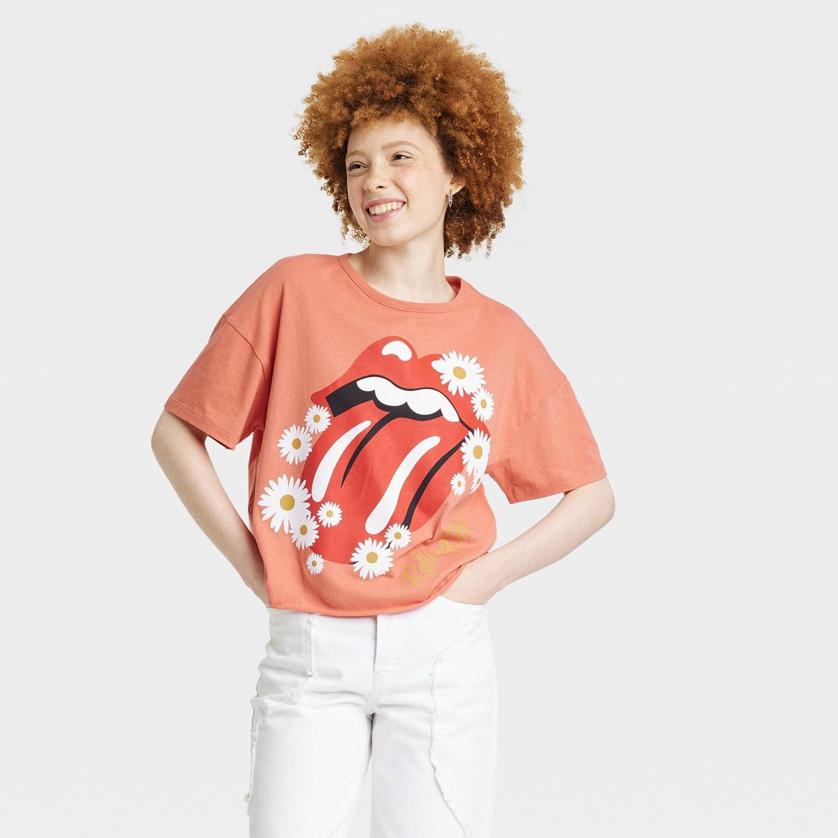 Women's The Rolling Stones Daisy Floral Short Sleeve Graphic Crop T-Shirt - Orange | Target