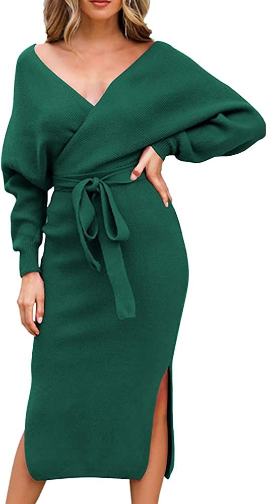 Pink Wind Women's V Neck Wrap Sweater Dress Long Batwing Sleeve Bodycon Slit Knit Belted Midi Dress | Amazon (US)