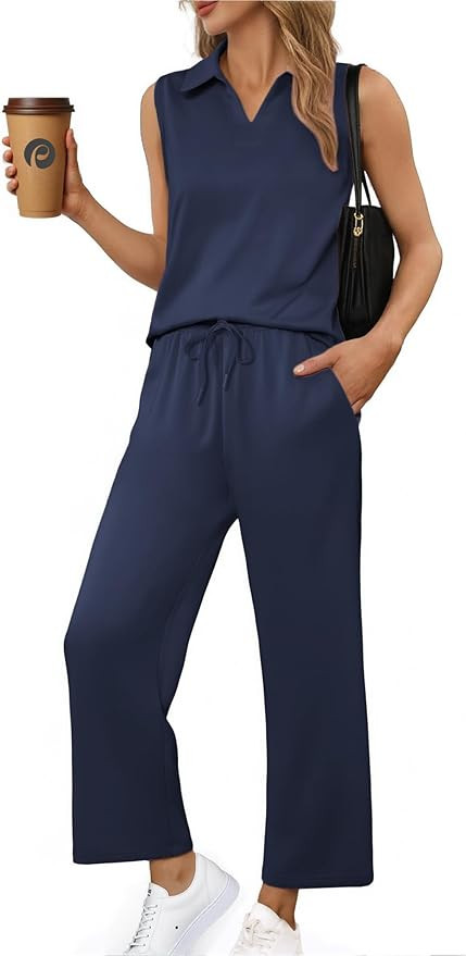 PINSPARK Two Piece Sets for Women Sleeveless Outfits Travel Tracksuit V Neck Top Wide Leg Pant Lo... | Amazon (US)