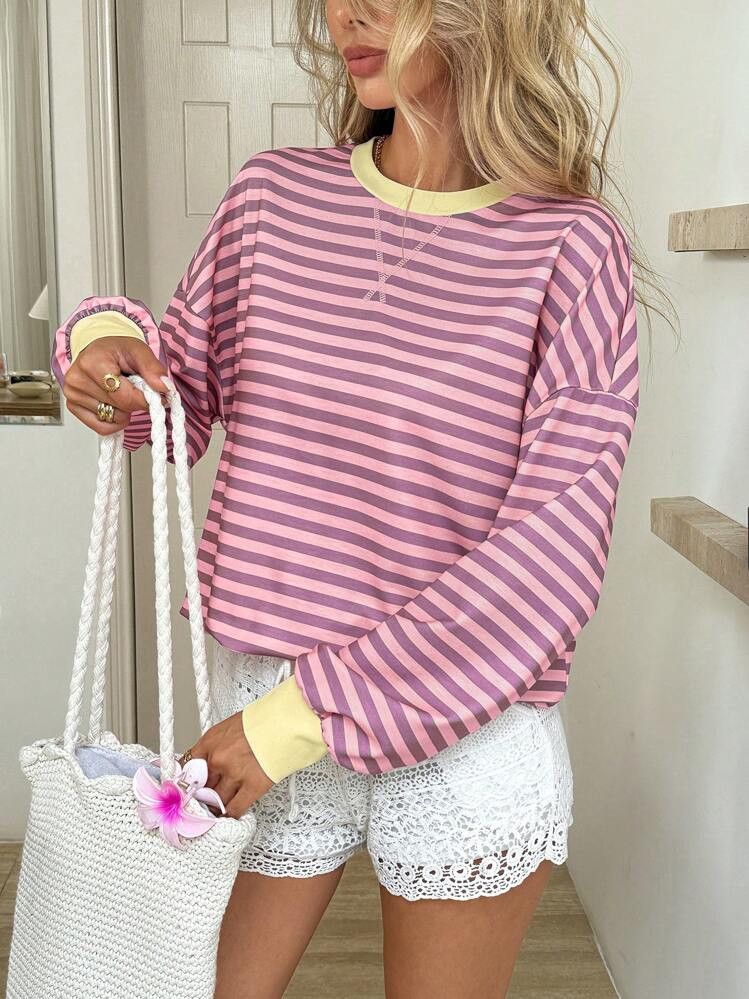 Easowa Casual Color Block Striped Round Neck Sweatshirt For Everyday And Going Out, Autumn/Winterback To School Halloween Fall Women Clothes Graphic Tees Women Teacher Outfits For Women Cute Tops Going Out Tops Women Fall School Halloween Clothes Going Out Tops Back To School Clothes Fall Clothes Fall Clothes Fall Clothes For Women Teacher | SHEIN