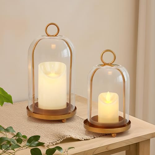 Glass Hurricane Candle Holder Decorative Gold Candle Lantern, Pillar Candlestick Holders Set of 2, Hanging Metal Holder Modern Table Centerpieces, Antique Brass | Amazon (US)