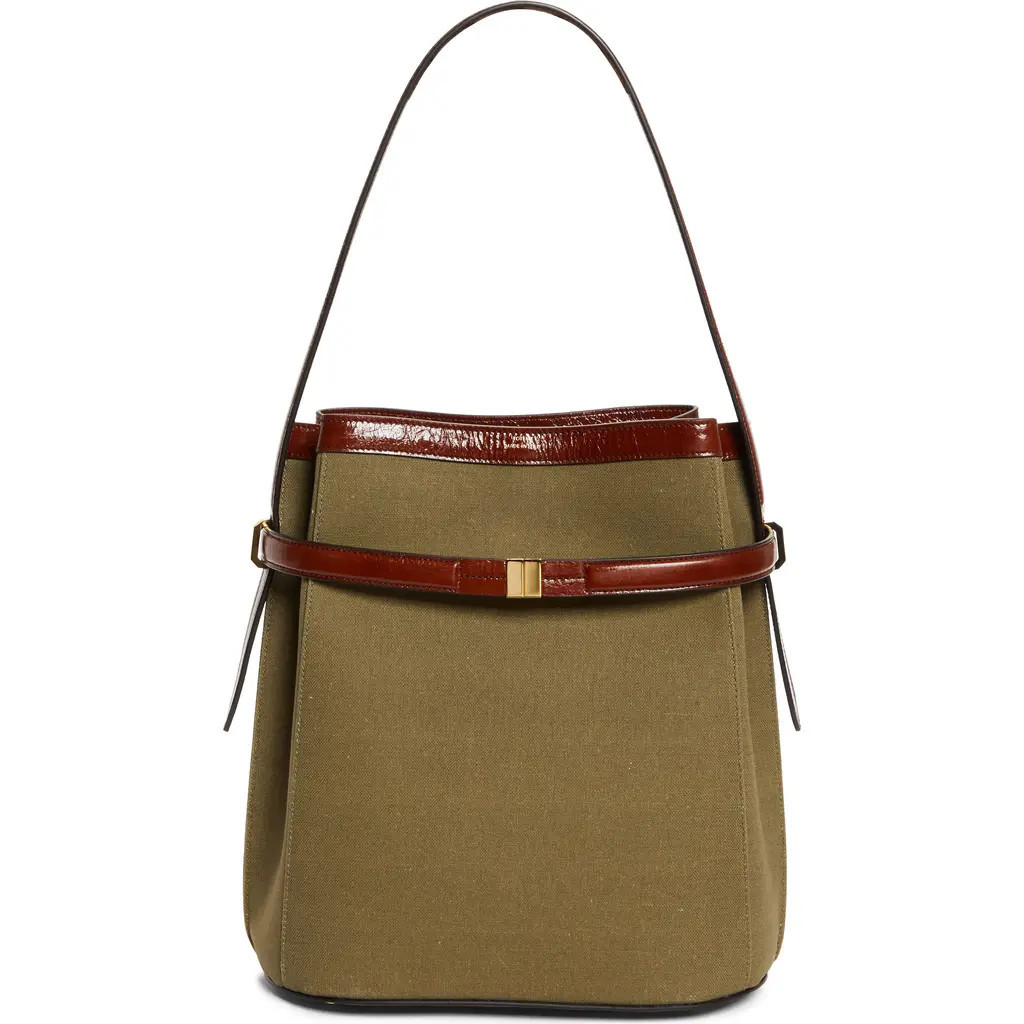 TOTEME Belted Cotton & Linen Blend Canvas Bucket Bag in Khaki Green at Nordstrom | Nordstrom